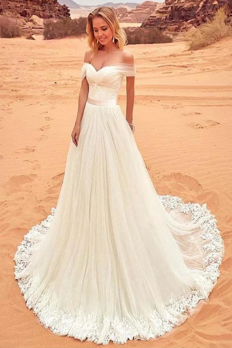 Vestido de novia largo de playa con apliques de tul y hombros descubiertos en forma de A